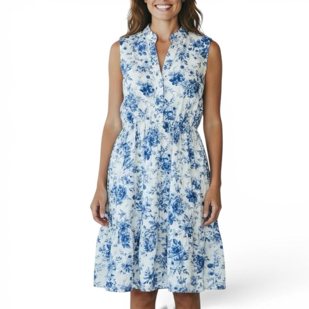 MIA & TESS XL White Blue Floral Linen Boho Sleeveless Button Front Sundress